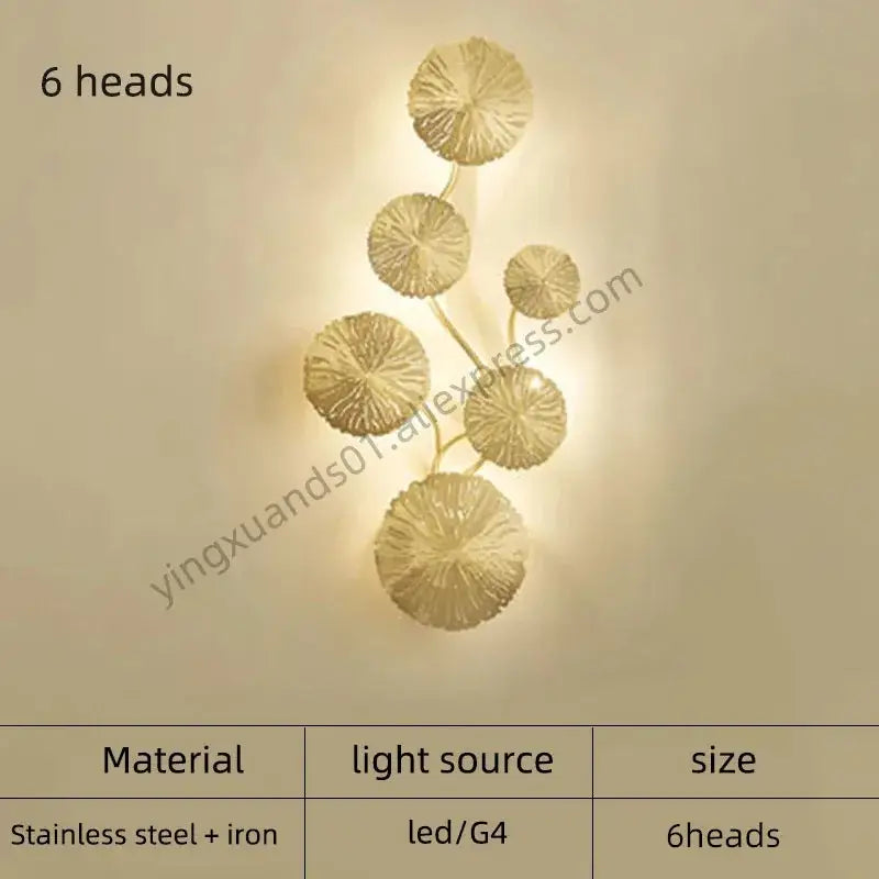 Modern leaf gold iron wall sconce with six circular stainless steel light heads for living room decorbites iron wall