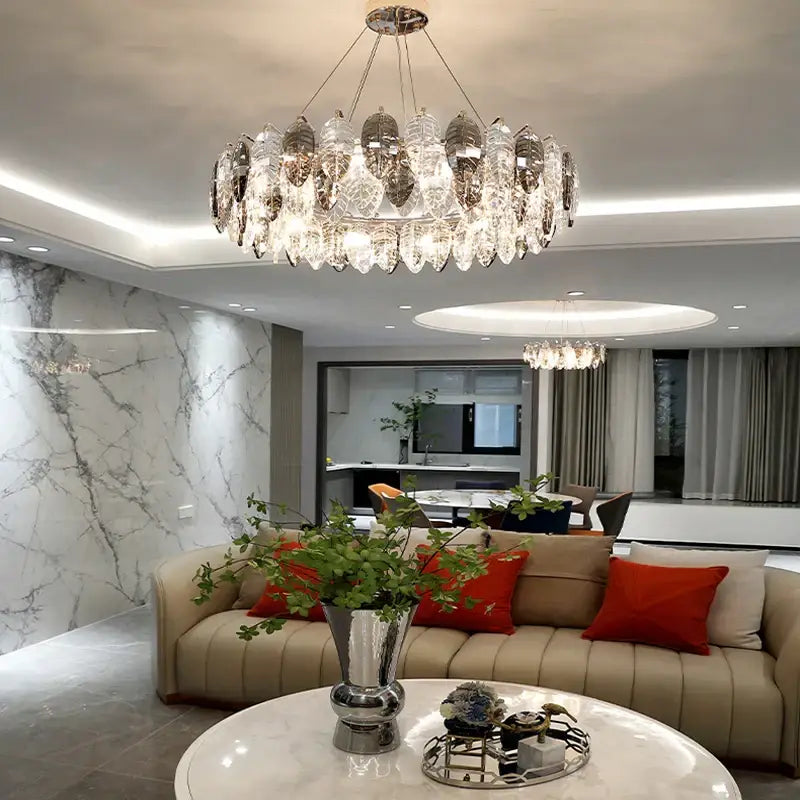 Modern leaf gold silver crystal pendant light with circular design and clear silver-toned crystals for living room decorbites gold silver