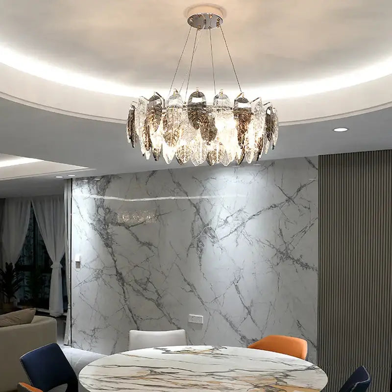 Modern leaf gold silver crystal pendant light with circular layered crystal and metallic elements for living room decorbites gold silver