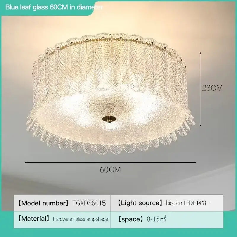 Modern leaf textured glass decorbites crystal led ceiling lamp with translucent blue leaf pattern for living room decor