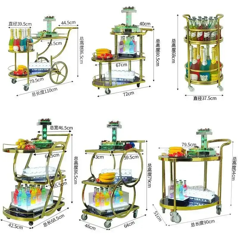 Gold-colored modern led beauty salon trolley with three glass shelves and wheels for salon storage and organization