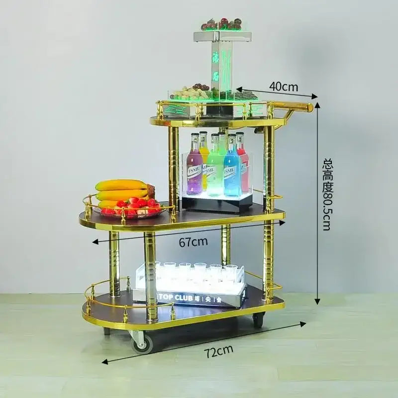 Gold-finished modern led beauty salon trolley with three-tiered glass shelves and illuminated salon trolley lighting