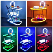 A sleek modern beauty salon trolley with curved metal frame and multicolor led lighting for salon storage