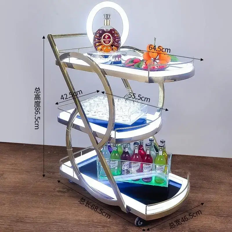 Modern led beauty salon trolley with three-tiered metallic frame illuminated edges and wheels for salon storage cart usage