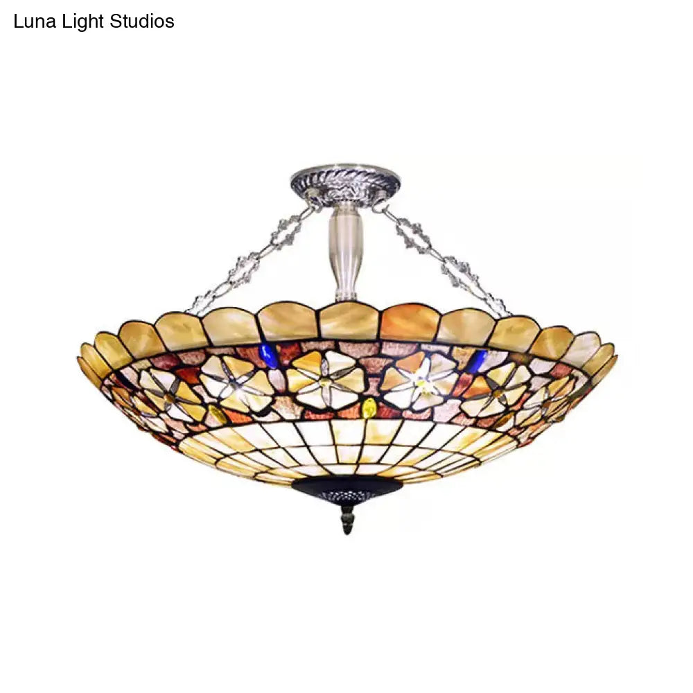DecorBites™ DecorBites™ Modern LED Bedroom Ceiling Light - 3-Light Semi Flush Mount in Aged Brass with Tiffany-Style Art Glass Shade