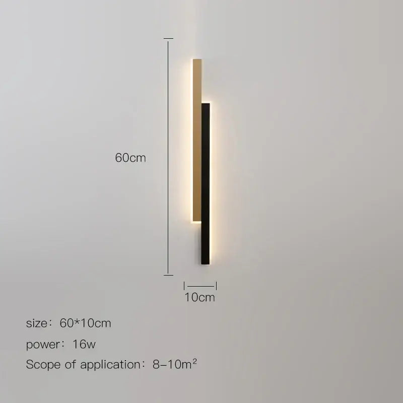 Modern led black wall lamp with matte black and brushed gold bars emitting warm glow for living room decorbites led black