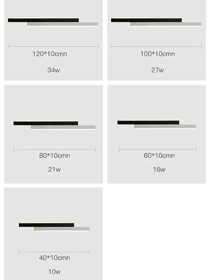 Modern led black wall lamp set with gold glow featuring black and gray rectangular panels with labeled dimensions