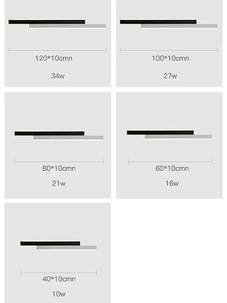 Modern led black wall lamp set with gold glow featuring black and gray rectangular panels with labeled dimensions