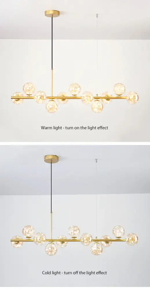 Gold-toned modern chandelier with clear glass globe bulbs in a linear design for a head ring chandelier style lighting