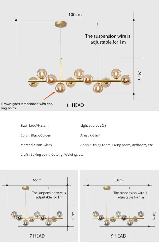 DecorBites™ gold-toned modern chandelier with eleven brown glass lamp shades and sleek metal head ring frame