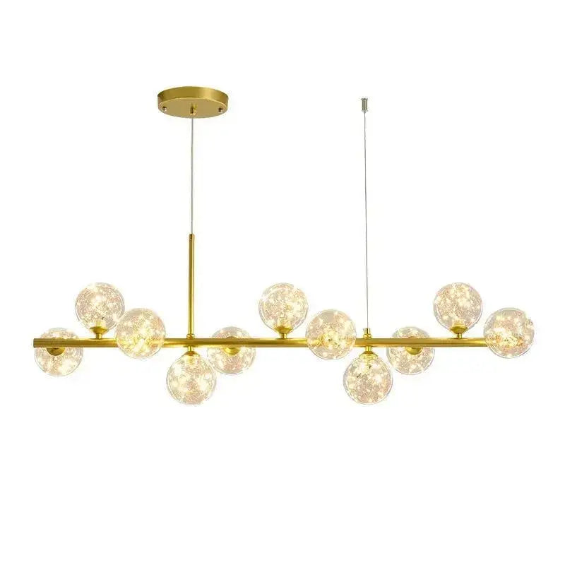 Gold-toned modern chandelier with textured glass globes on a sleek bar from DecorBites™ 9-light black LED chandelier