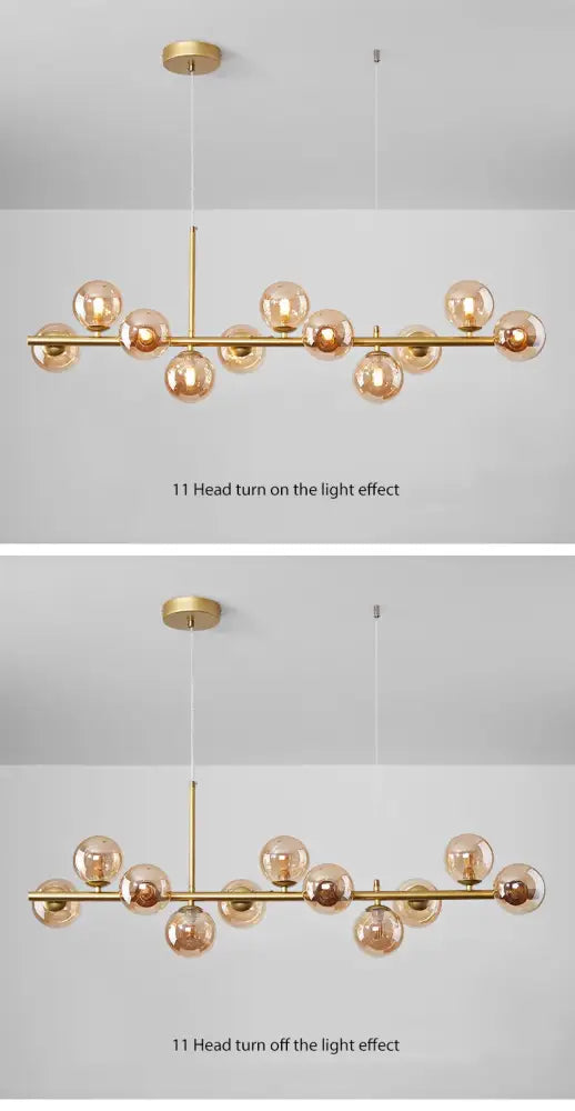 Decorbites 9-light modern chandelier with gold-toned head ring and amber glass globe bulbs on a sleek horizontal bar