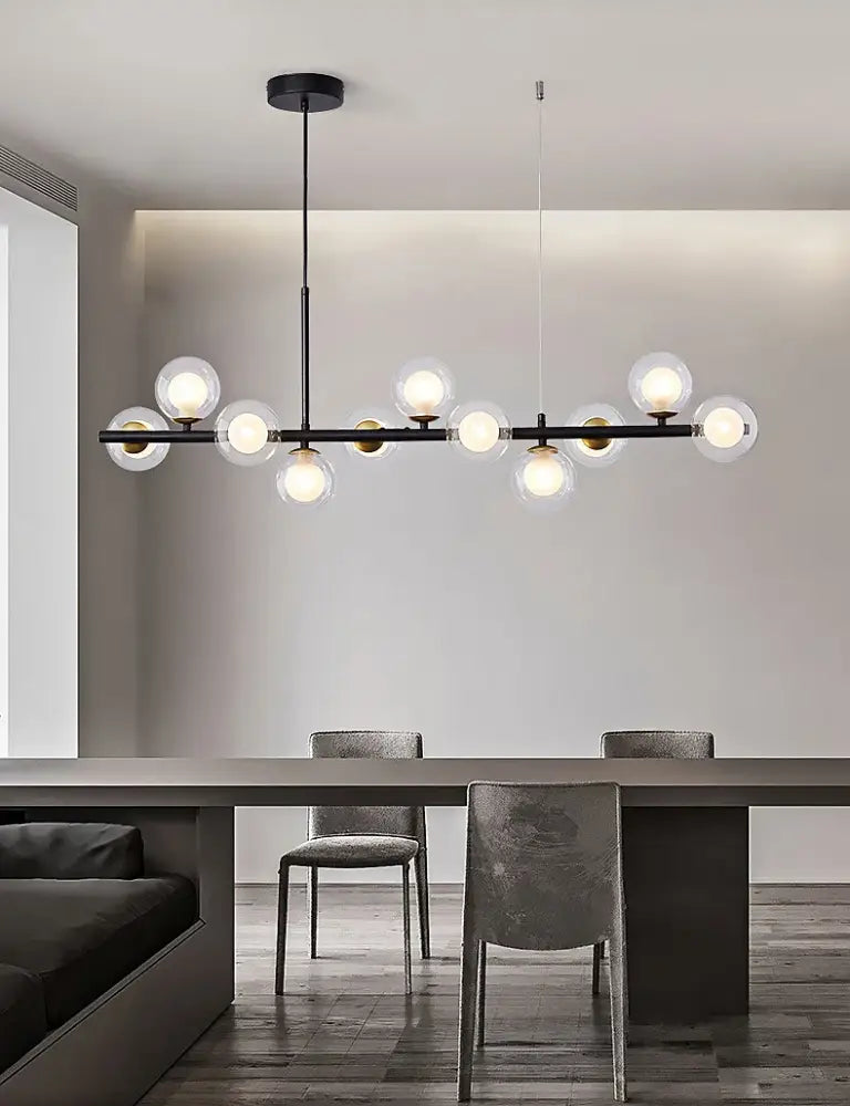 Modern chandelier DecorBites 9-light black metal head ring chandelier with clear glass globe bulbs and gold accents