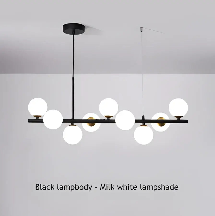 DecorBites 9-light modern chandelier with black metal head ring and milk white spherical glass shades