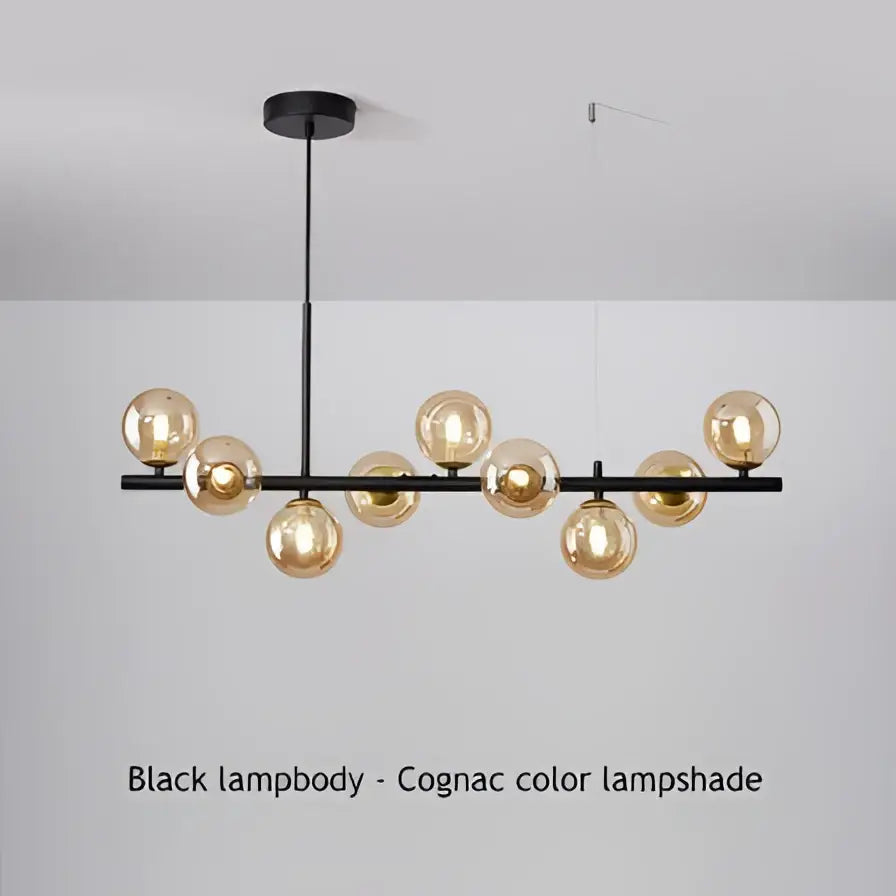 DecorBites 9-light modern black chandelier with black metal head ring and spherical cognac glass lampshades