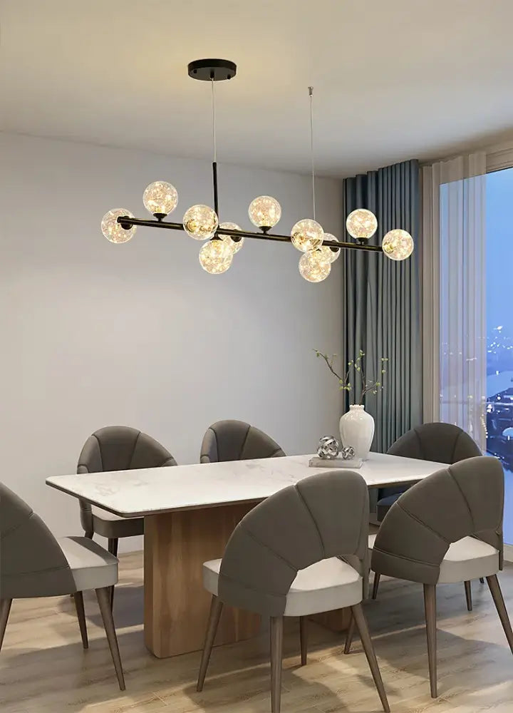 DecorBites™ 9-light modern black metal head ring chandelier with spherical glass globe lights and LED bulbs
