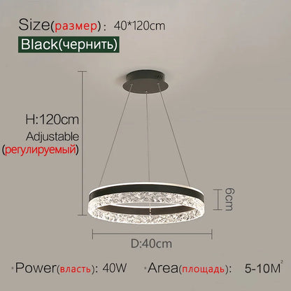 Black circular modern led chandelier with textured crystal-like ring and adjustable height for living dining bedroom lighting