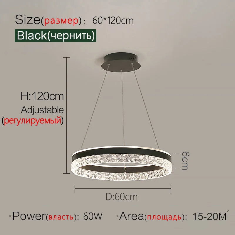 Black circular led chandelier with modern adjustable design and crystal-like accents for living and dining rooms