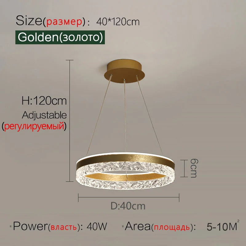 Modern led chandelier golden circular pendant light with textured crystal-encrusted ring and metallic frame for living room