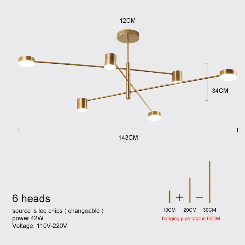 Modern LED Chandelier - Gold Black - Living Room - Bedroom - brass 6 heads / Cold White - Chandelier