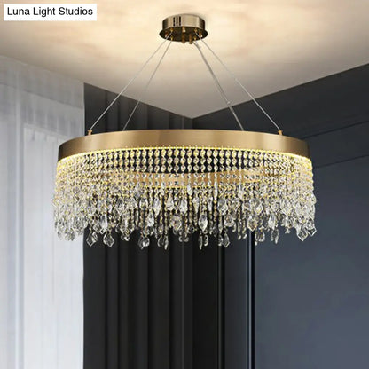 Modern LED Chandelier with Crystal Drapes and Stainless Steel Ring Shape