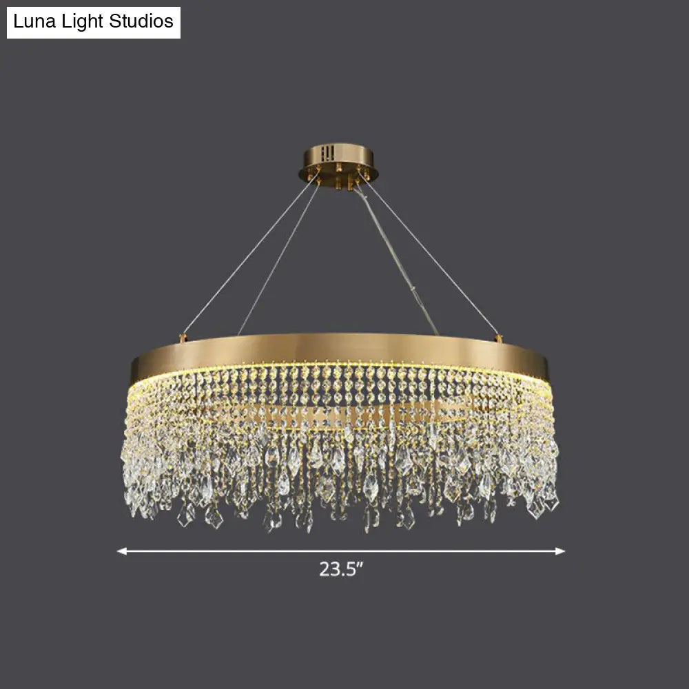 Modern LED Chandelier with Crystal Drapes and Stainless Steel Ring Shape