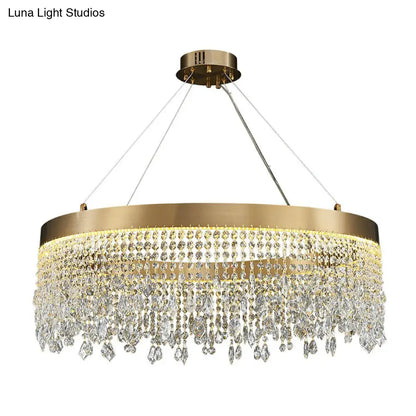 Modern LED Chandelier with Crystal Drapes and Stainless Steel Ring Shape