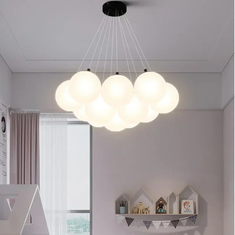 Modern led chandeliers featuring cloud-shaped milk white glass ball pendants for luxury led living room lighting with switch type
