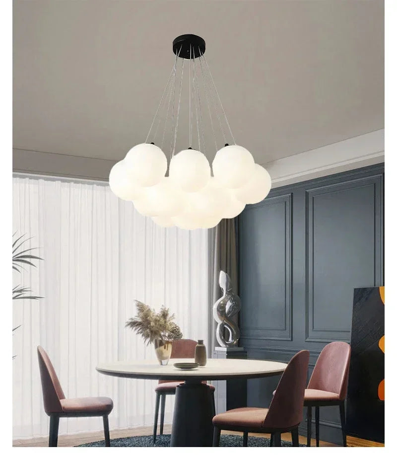 Cloud-shaped modern led chandelier with frosted milk white glass globes and black metal fixture for living room lighting decor