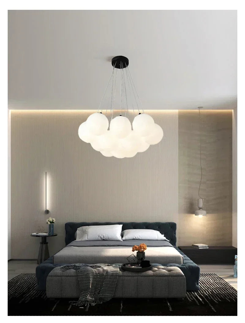 Cloud-shaped pendant light with frosted milk white glass and black metal suspension for luxury led living room decor
