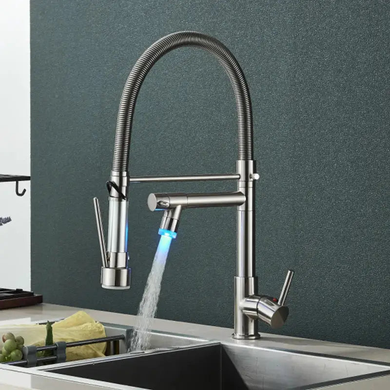 Modern led chrome decorbites dual nozzle kitchen faucet with stainless steel flexible gooseneck and blue led lighting