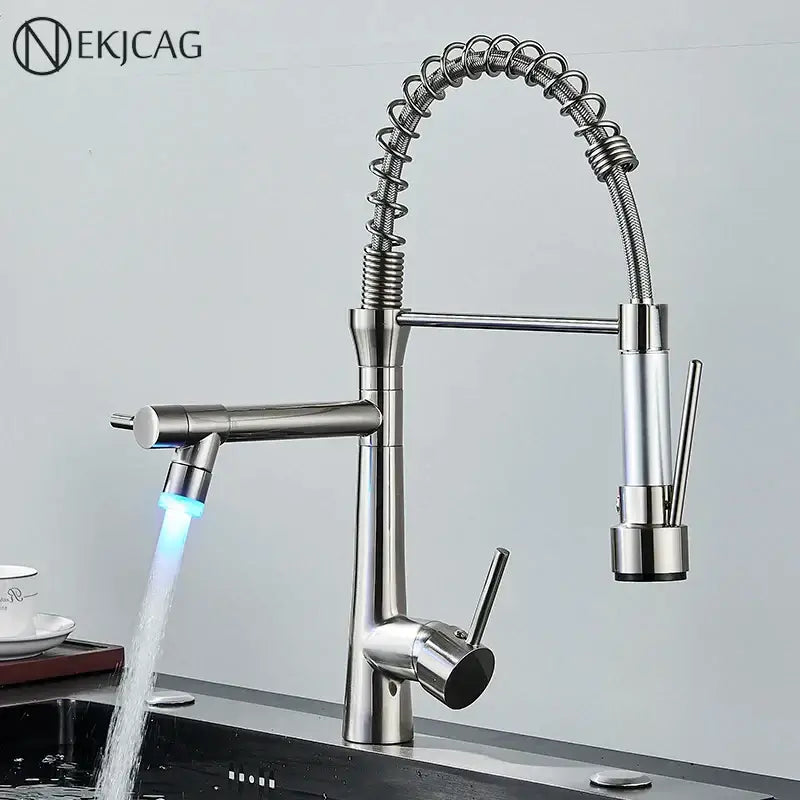 Modern led chrome stainless steel kitchen faucet with spring design and decorbites dual nozzle for versatile use