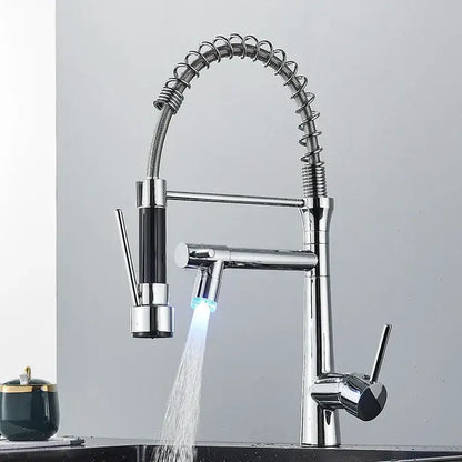 Modern led chrome dual nozzle kitchen faucet with spring design featuring a flexible coiled hose and dual spray heads decorbites dual nozzle