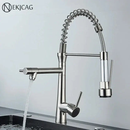 Modern led chrome stainless steel kitchen faucet with flexible coiled hose and decorbites dual nozzle spring design