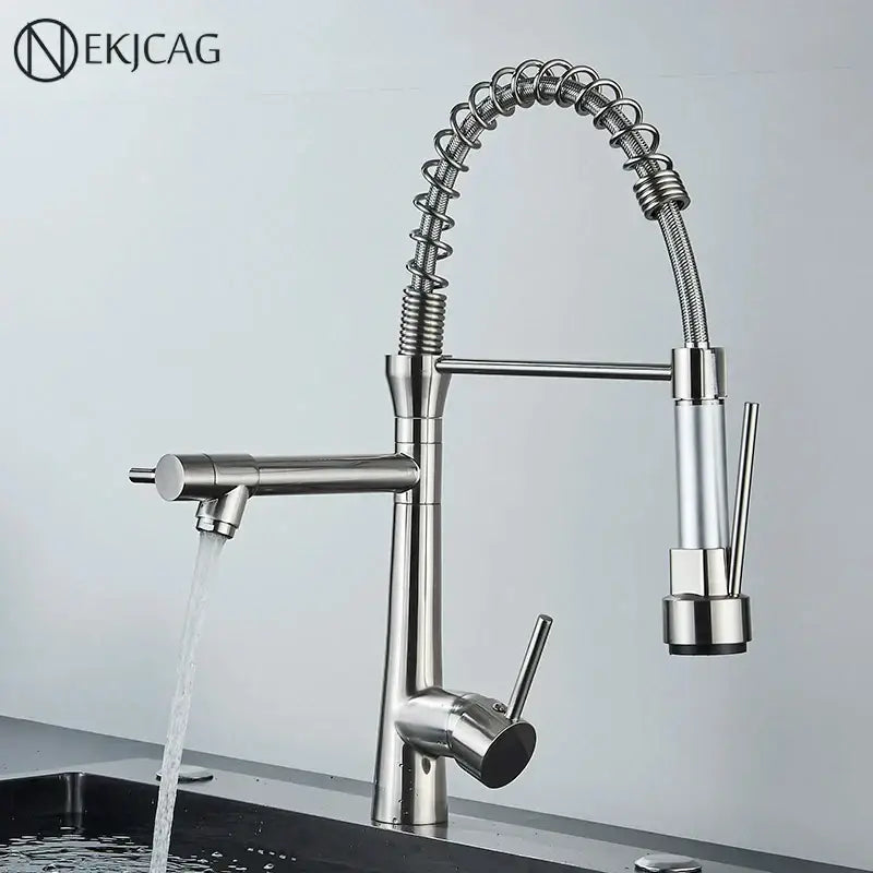 Modern led chrome stainless steel kitchen faucet with flexible coiled hose and decorbites dual nozzle spring design