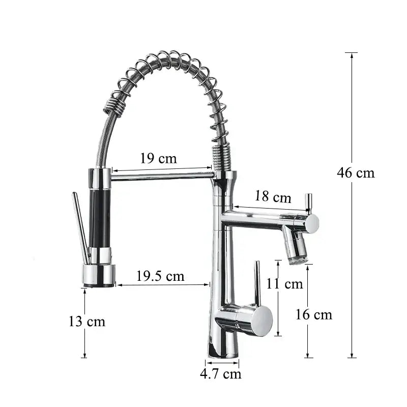 Modern led chrome kitchen faucet with spring design featuring flexible coiled hose and decorbites dual nozzle spray heads