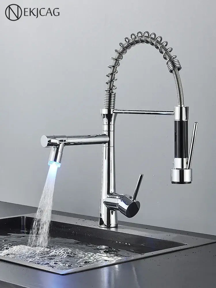 Modern led chrome kitchen faucet with spring design featuring illuminated spray nozzle for decorbites dual nozzle gourmet use