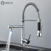 Modern led chrome dual nozzle kitchen faucet with spring design featuring sleek dual nozzle gourmet decorbites style