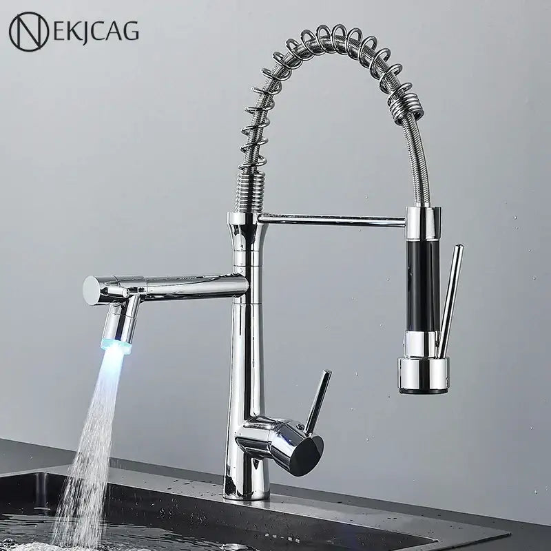 Modern led chrome dual nozzle kitchen faucet with spring design featuring sleek dual nozzle gourmet decorbites style