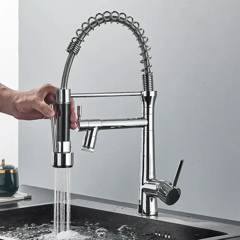 Modern led chrome dual nozzle kitchen faucet with spring design featuring a flexible coiled hose and dual spray settings