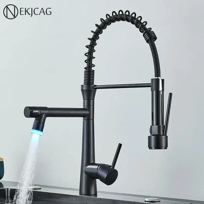 Modern led chrome dual nozzle kitchen faucet with black matte coiled spring spout and blue led lighting decorbites dual nozzle