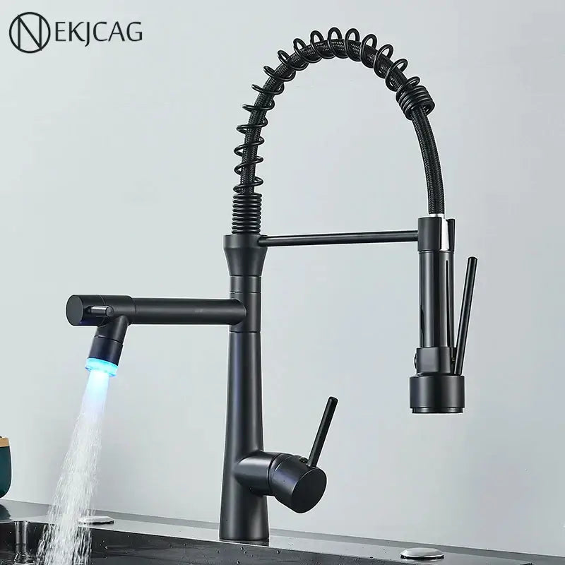 Modern led chrome dual nozzle kitchen faucet with black matte coiled spring spout and blue led lighting decorbites dual nozzle