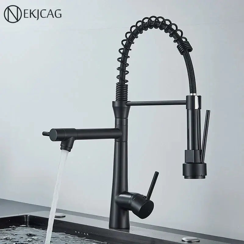 Modern led chrome kitchen faucet with decorbites dual nozzle and coiled spring spout pull-down spray head design