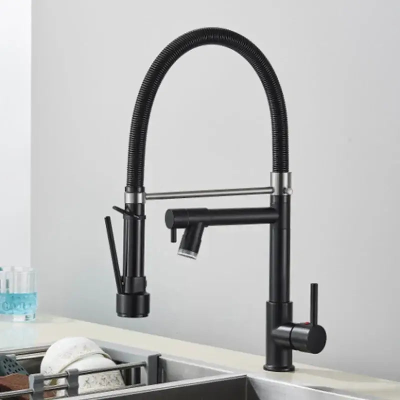 Modern led chrome kitchen faucet with decorbites dual nozzle and black matte flexible gooseneck pull-down spray head