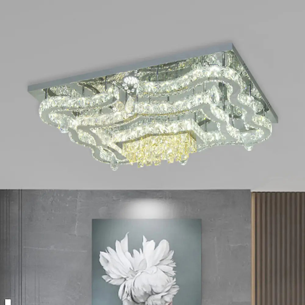 DecorBites™ Lámpara de techo semiempotrada moderna LED de cristal cromado pulido con ondas escalonadas y dosel rectangular/redondo