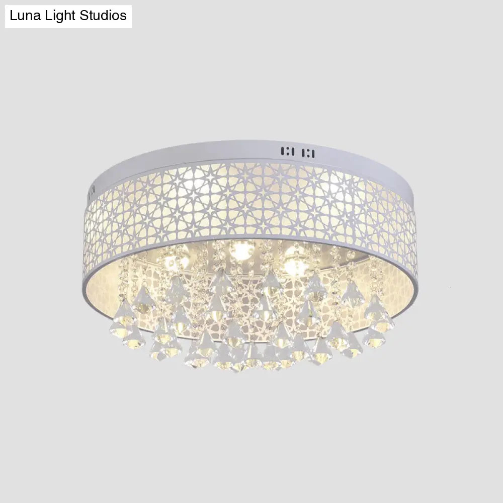 DecorBites™ DecorBites™ Modern LED Flush Mount Ceiling Light with Crystal Droplet - White Drum Design
