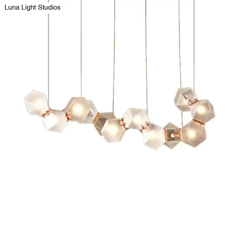 DecorBites™ modern LED geometric ceiling light with white hexagonal glass shades and rose gold metal for dining room use