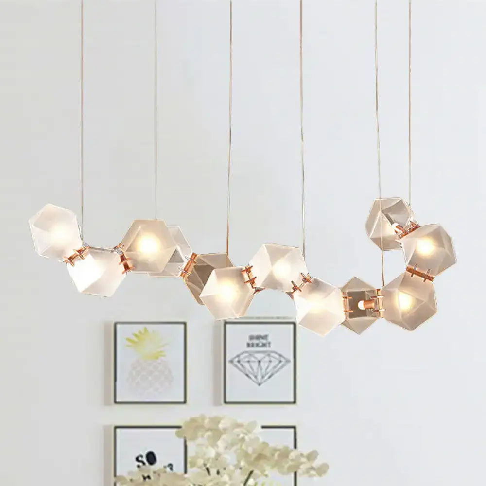 DecorBites™ modern LED geometric ceiling light with white faceted glass shades and rose gold joints for dining room use