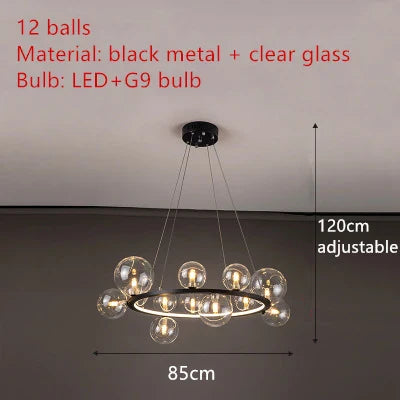 Modern LED Glass Chandelier with Adjustable Cord - 12-Black-Clear / Cold White - Chandelier