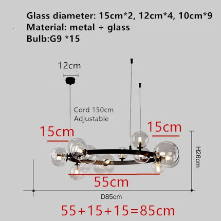 Modern LED Glass Chandelier with Adjustable Cord - 15-Black-Clear / Cold White - Chandelier